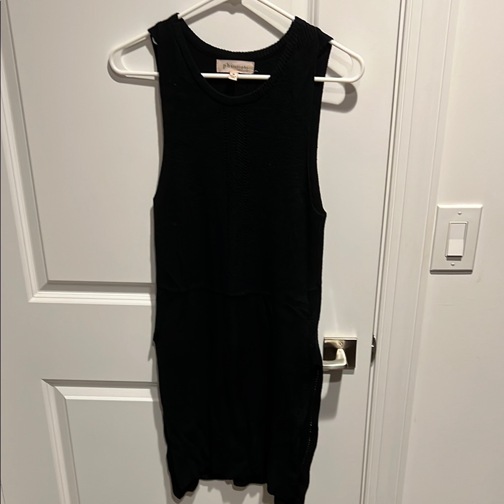 Black Sleeveless Sweater Tunic with slit sides and eyelet detail
